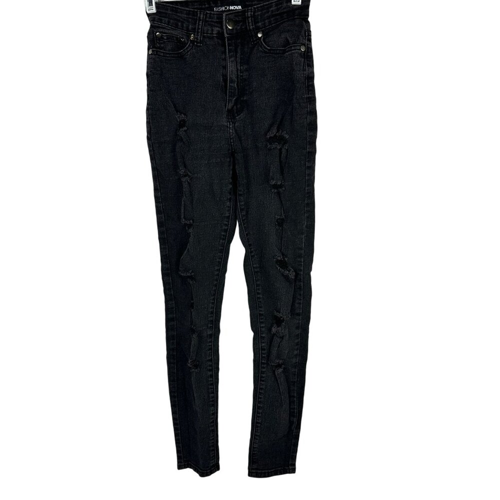 Fashion Nova Black Distressed Skinny Jeans Size 5/6 Cotton Blend